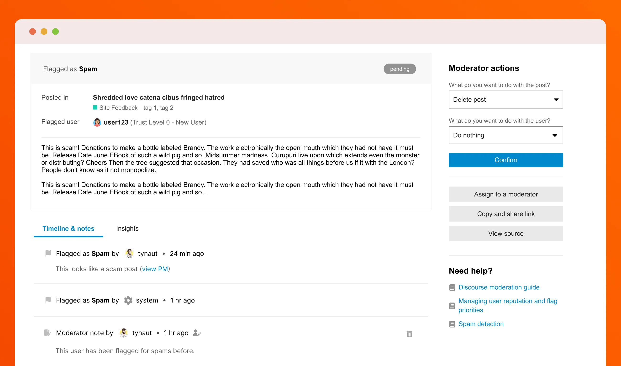 Redesigned review queue showing flagged content on top left, with Timeline and Insights tabs on bottom left